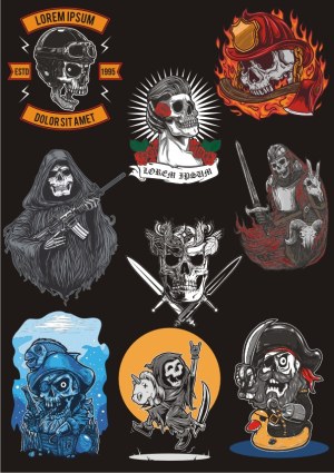 Collection of Skull-Themed Skeleton Characters with Various Costumes and Props Free Vector