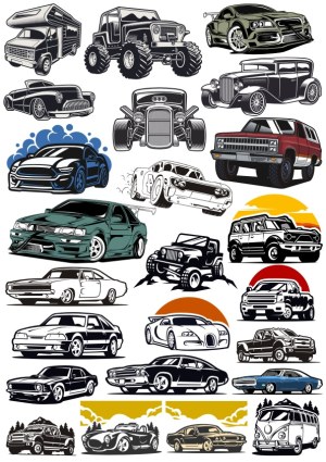 Collection of Vector Car Illustrations Including Classic, Sports, Off-Road, and Vintage Vehicles Free Vector