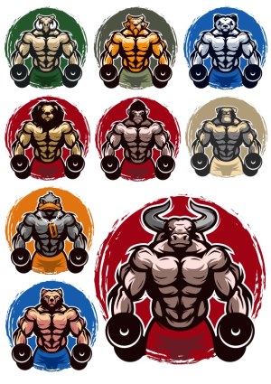 Muscular Animal Mascots Lifting Dumbbells Vector Set Free Vector