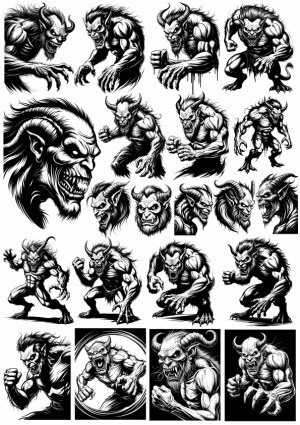 Collection of Black and White Demon and Monster Vector Illustrations Free Vector
