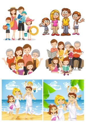 Cartoon Illustrations of Diverse Family Groups in Various Settings Free Vector