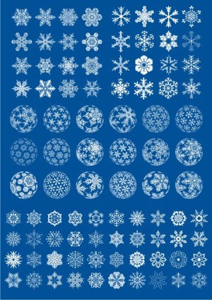 Collection of Various White Snowflake Vectors and Sphere Patterns on Blue Background Free Vector