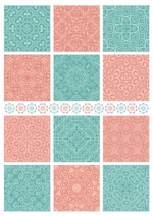 Set of Twelve Vintage Style Blue and Coral Ornamental Patterns with Floral Band Free Vector