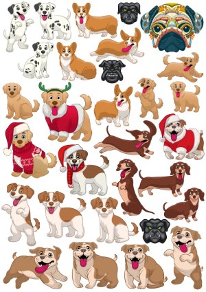 Cartoon Dog Breed Characters Collection with Holiday Themes and Decorative Elements Free Vector
