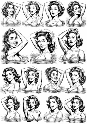 Vintage Style Black and White Vector Illustrations of Women in Water Poses Free Vector