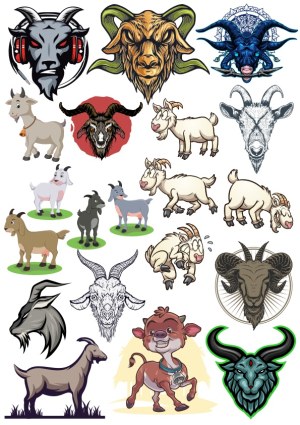 Collection of Various Goat Illustrations and Cartoon Characters Free Vector