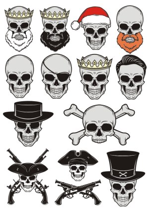 Collection of Skulls with Various Hats and Accessories Vector Set Free Vector