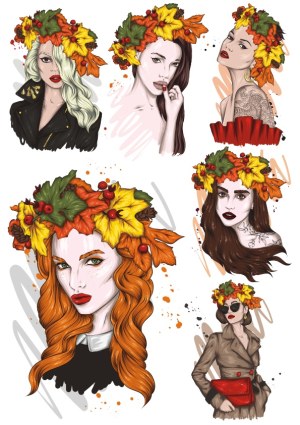 Set of Fashionable Women with Autumn Leaf Crowns Vector Illustrations Free Vector