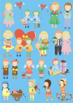 Cute Children with Chocolate and Hearts Vector Collection Free Vector