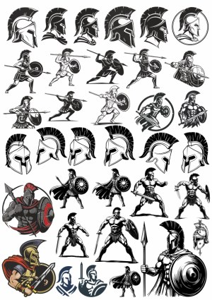 Collection of Spartan Warrior and Helmet Vector Illustrations Free Vector