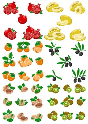 Vector Illustrations of Pomegranate, Melon, Persimmon, Olive, Pistachio, and Kiwi Fruits Free Vector