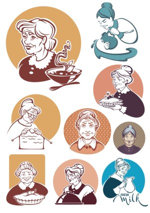 Vintage Grandmother Illustrations with Food and Household Themes Free Vector