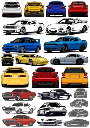 Vector Illustrations of Various Sports and Classic Cars from Front, Side, and Rear Views Free Vector