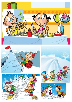 Children Playing Winter Sports and Eating Indoors Cartoon Vector Free Vector