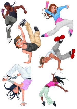 Vector Set of Diverse Breakdancers Performing Dynamic Moves Free Vector