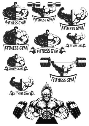 Set of Black and White Fitness Gym Muscleman Logos and Mascots Free Vector