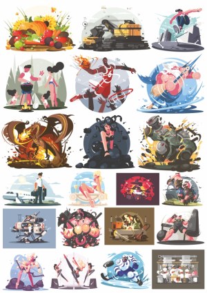 Collection of Diverse Vector Illustrations Including Food, Sports, Fantasy, and Everyday Scenes Free Vector
