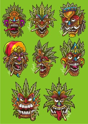Colorful Tribal Mask Characters with Cannabis Leaf Designs Free Vector