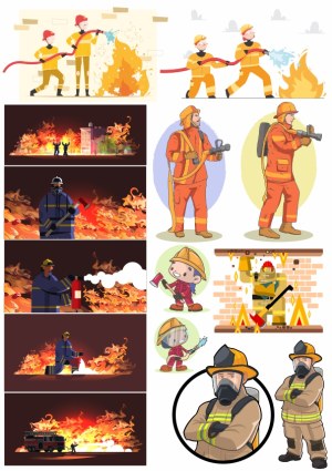 Firefighters Extinguishing Fires and Fire Rescue Scenes Vector Set Free Vector