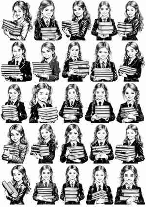 Black and White Vector Illustrations of Schoolgirls Holding Stacks of Books Free Vector