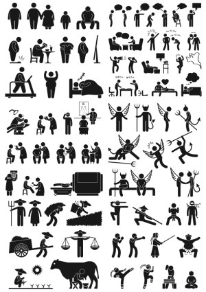 Set of Black Silhouette Vector Icons Depicting Various Human Activities and Characters Free Vector