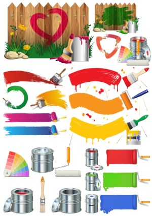 Colorful Paint Strokes, Brushes, Rollers, and Paint Cans Vector Set Free Vector