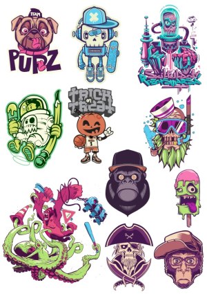 Eclectic Set of Cartoon Skull, Animal, and Monster Character Vectors Free Vector