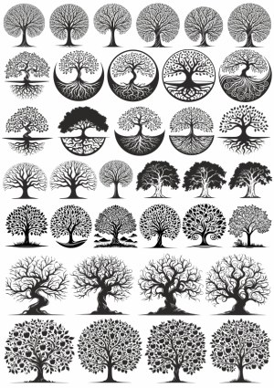 Set of Black and White Tree Silhouettes and Root Designs Free Vector