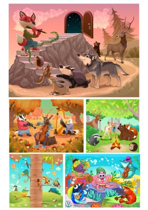 Animals Playing Musical Instruments in Various Natural Settings Free Vector