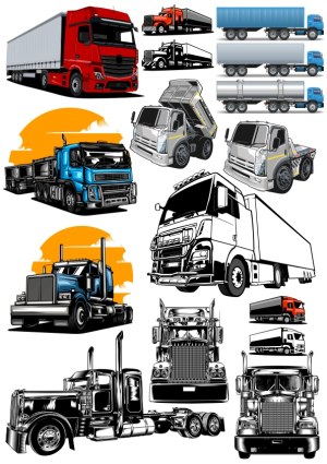 Set of Vector Art Semi-Trucks and Heavy-Duty Transport Vehicles Free Vector