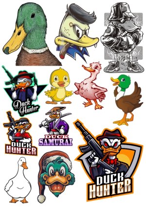 Set of Illustrated and Cartoon Duck Characters and Duck Hunter Logos Free Vector