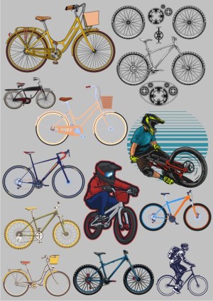 Collection of Various Bicycle Types and Cycling Scenes Vector Illustrations Free Vector