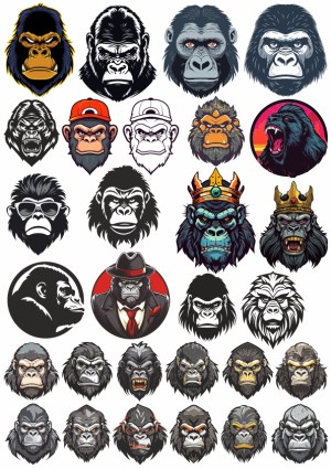 Collection of Stylized Gorilla and Ape Head Vector Illustrations Free Vector