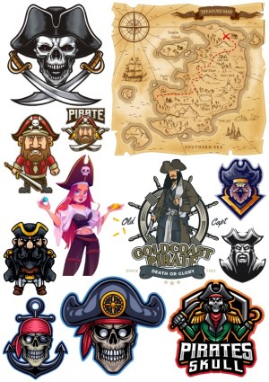 Collection of Pirate and Skull Vector Illustrations with Treasure Map Free Vector