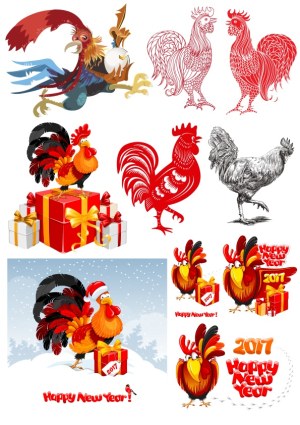 Rooster Illustrations and Happy New Year 2017 Graphics Free Vector