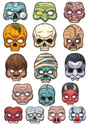 Set of 16 Colorful Halloween Horror Masks Vector Free Vector