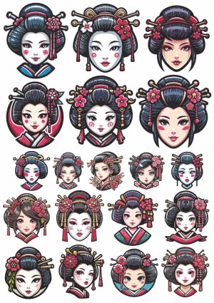 Collection of Decorative Geisha and Traditional Japanese Female Faces Vector Illustrations Free Vector