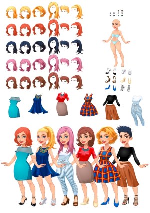 Customizable Female Character Creator with Multiple Hairstyles, Outfits, and Accessories Free Vector