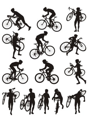 Silhouettes of Cyclists Riding and Carrying Bicycles Free Vector