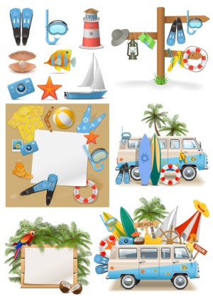 Summer Beach Vacation Vector Elements with Van, Surfboards, and Tropical Accessories Free Vector