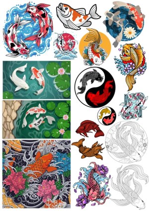 Colorful Koi Fish Vector Collection with Water and Floral Elements Free Vector