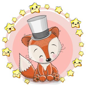 Cute Fox with Top Hat and Smiling Stars Free Vector