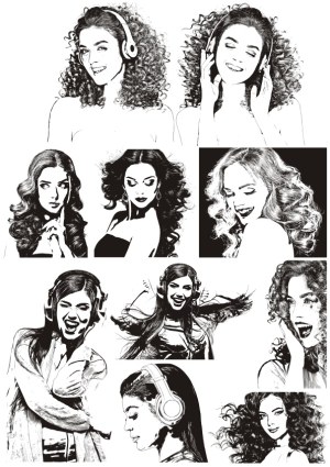 Black and White Vector Portraits of Women with Headphones and Various Expressions Free Vector