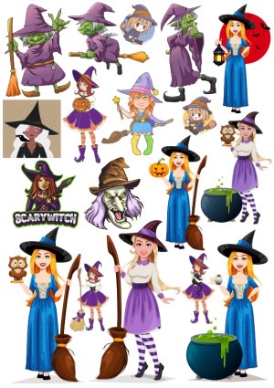 Collection of Cartoon Witches with Brooms, Cauldrons, and Halloween Elements Free Vector
