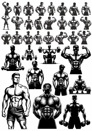 Muscular Male Bodybuilder Silhouettes and Poses Vector Set Free Vector