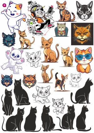 Collection of Diverse Cat Cartoon and Silhouette Illustrations Free Vector