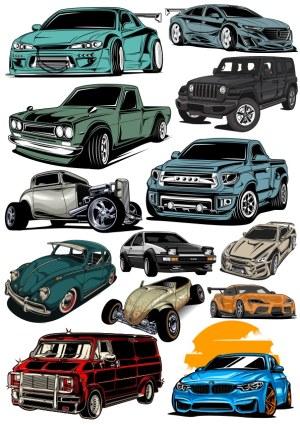 Collection of Detailed Classic and Modern Car Vector Illustrations Free Vector