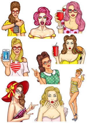 Set of Retro Women with Drinks, Food, and Gestures in Pop Art Style Free Vector