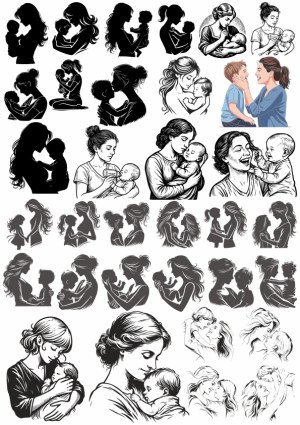 Mother and Child Silhouettes and Sketches Collection Free Vector