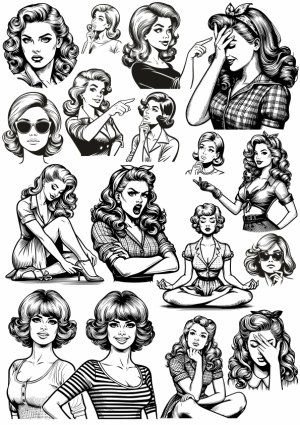 Vintage Style Black and White Women Portraits with Various Expressions Free Vector